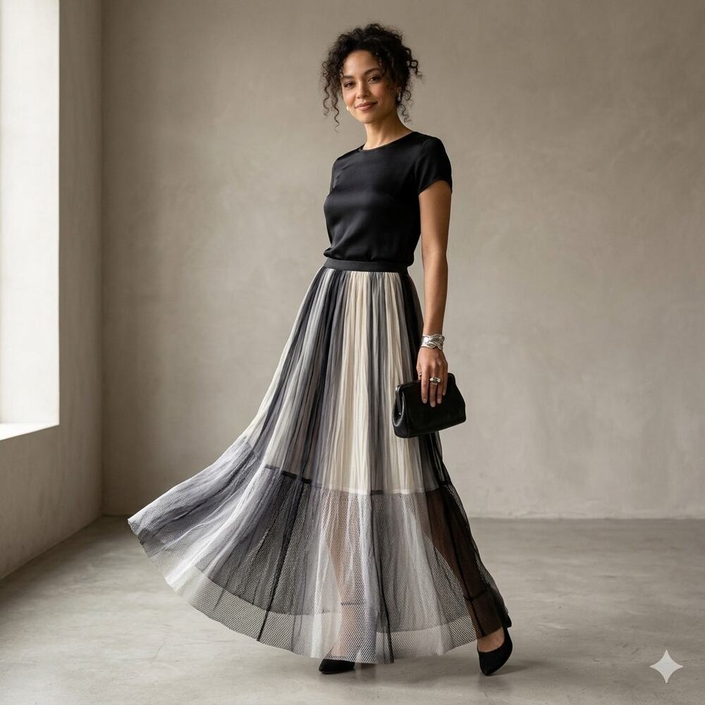 Komarov S Small Chiffon Pleated Maxi Skirt Ombre Grey Mesh Hem Elastic Waist Art
